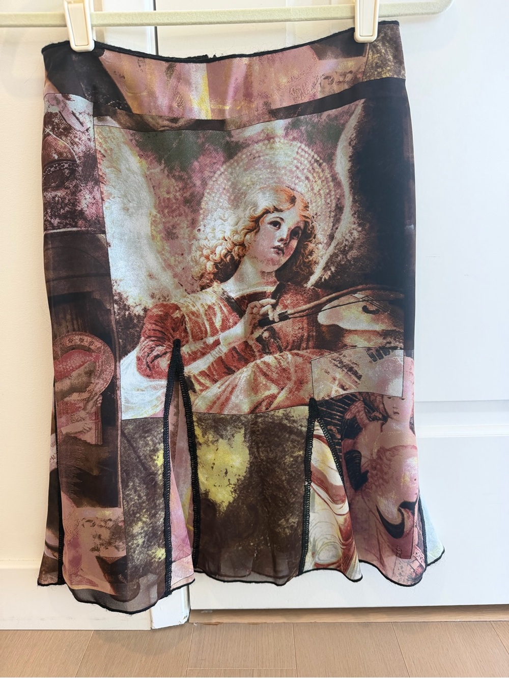 Vintage French Designer Art-Print Layered Midi Skirt in Pink and Brown